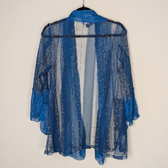 Vintage Lilly Blue Mesh Crinkle‎ Trim Cardigan Open Duster Boho Sheer Festival M - Picture 6 of 8